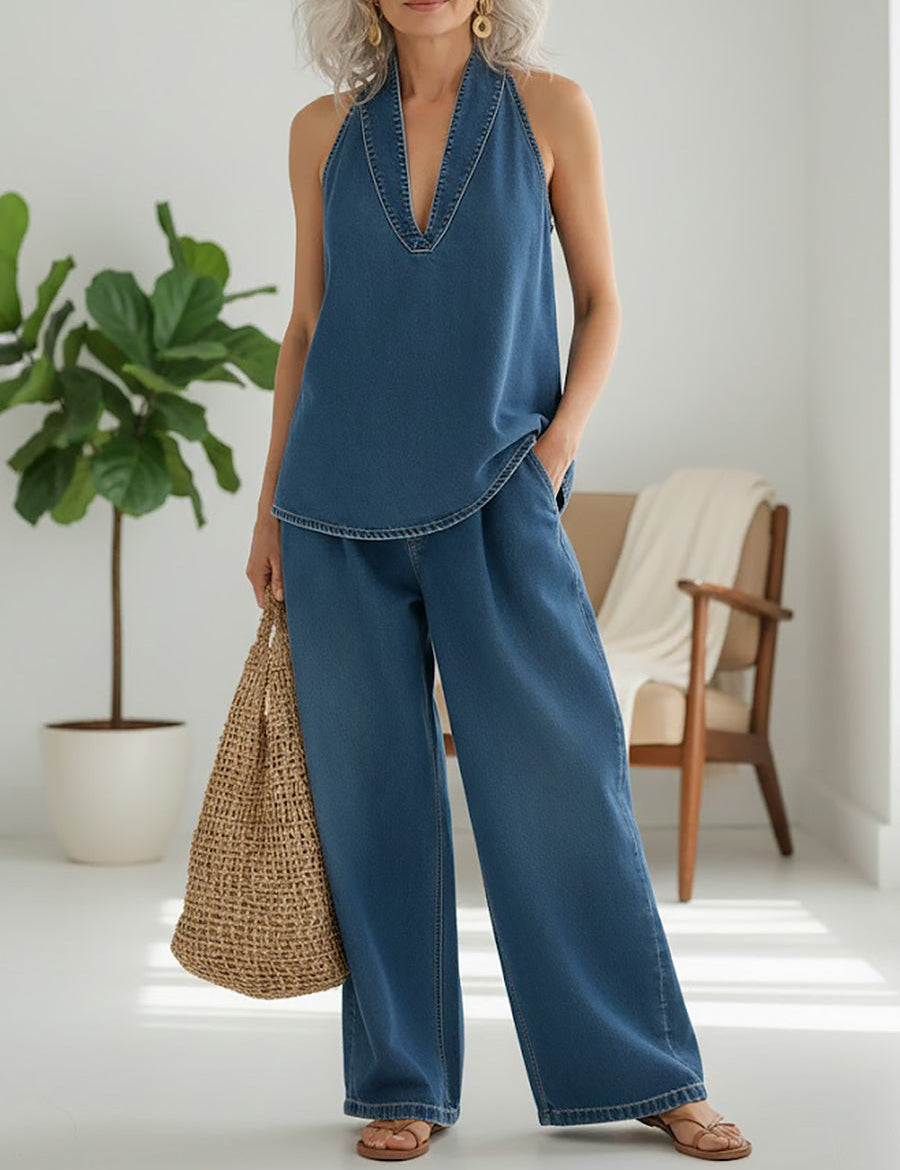 Conjunto vaquero de efecto lavado suave Hortensia, vista posterior