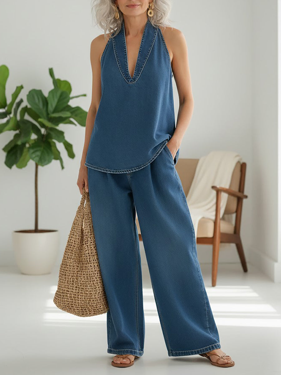 Conjunto vaquero de efecto lavado suave Hortensia, vista posterior