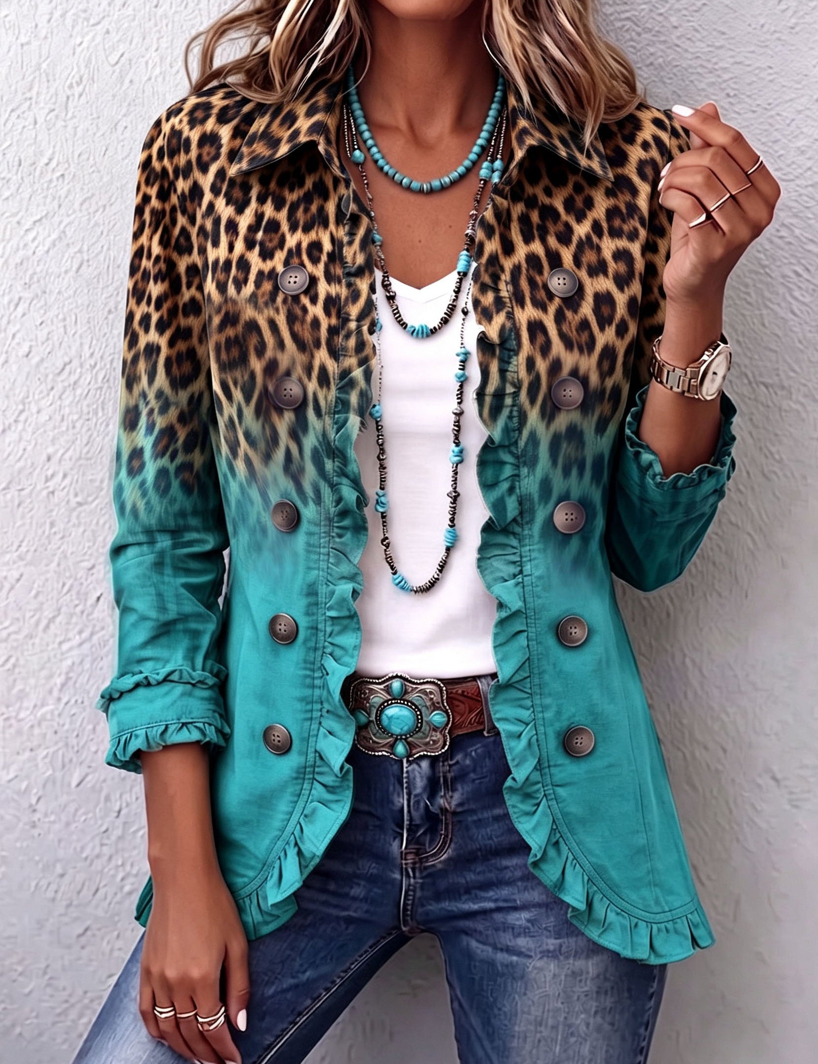 Blazer de volantes en degradado de leopardo Emma, vista frontal