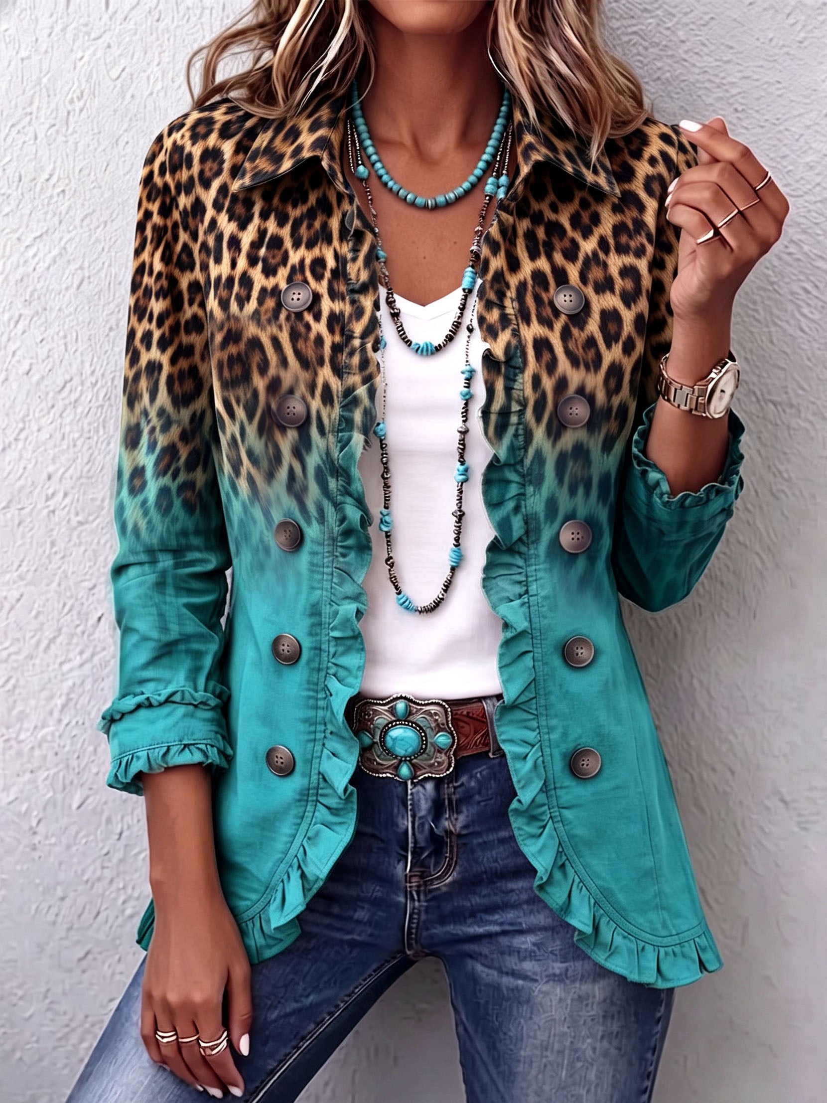 Blazer de volantes en degradado de leopardo Emma, vista frontal