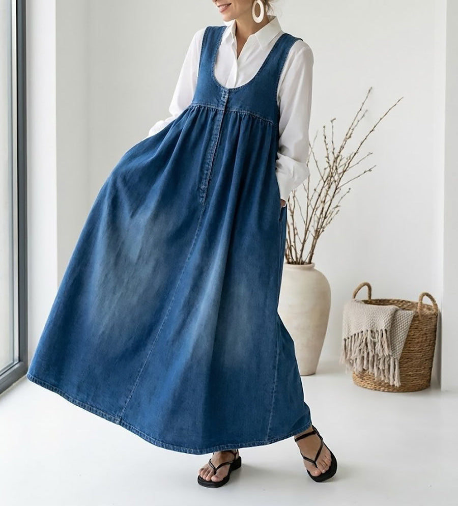Vestido largo vaquero lavado con algodón suave Iratxe, detalle 2
