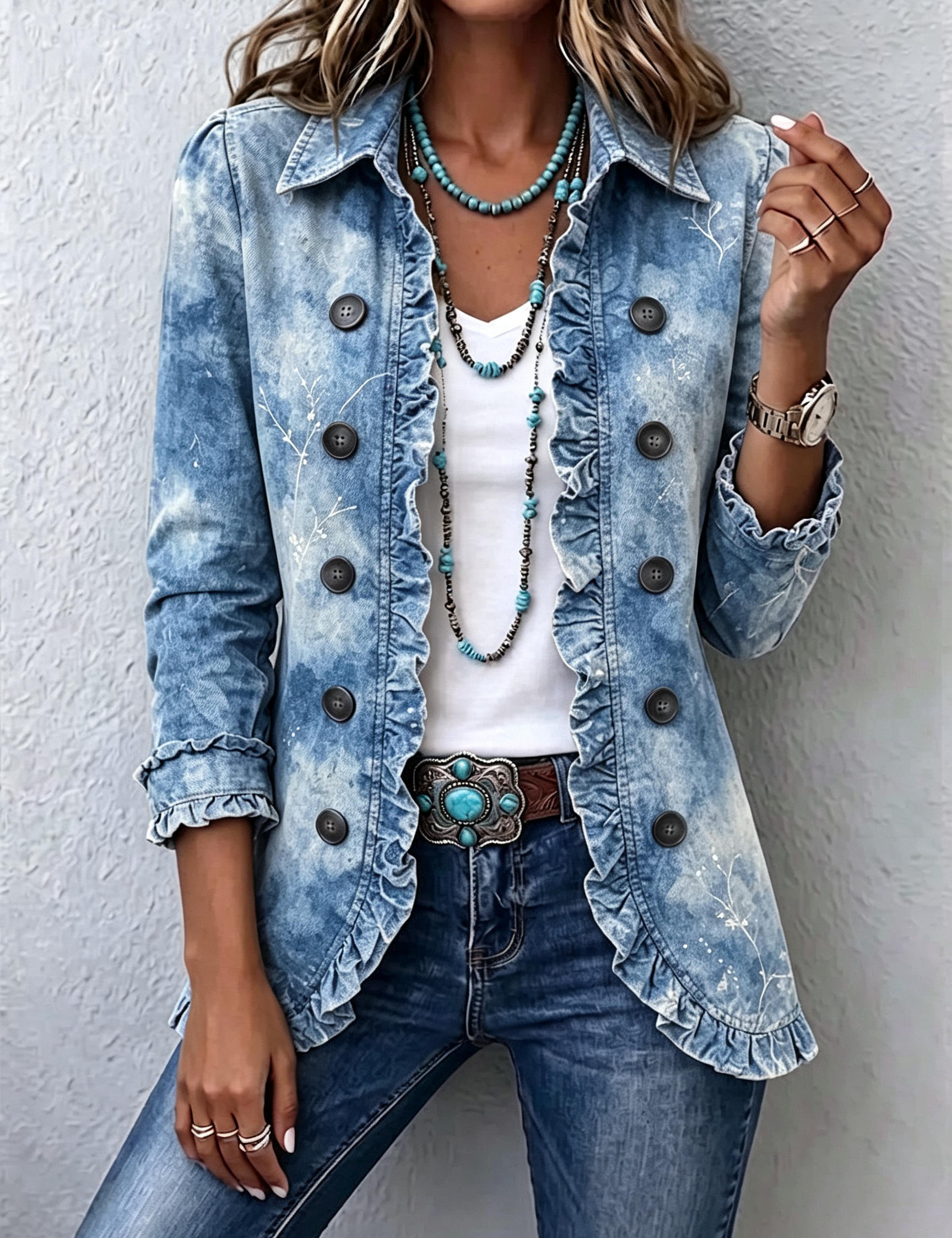 Chaqueta vintage botánica boho con volantes Sofía, vista frontal