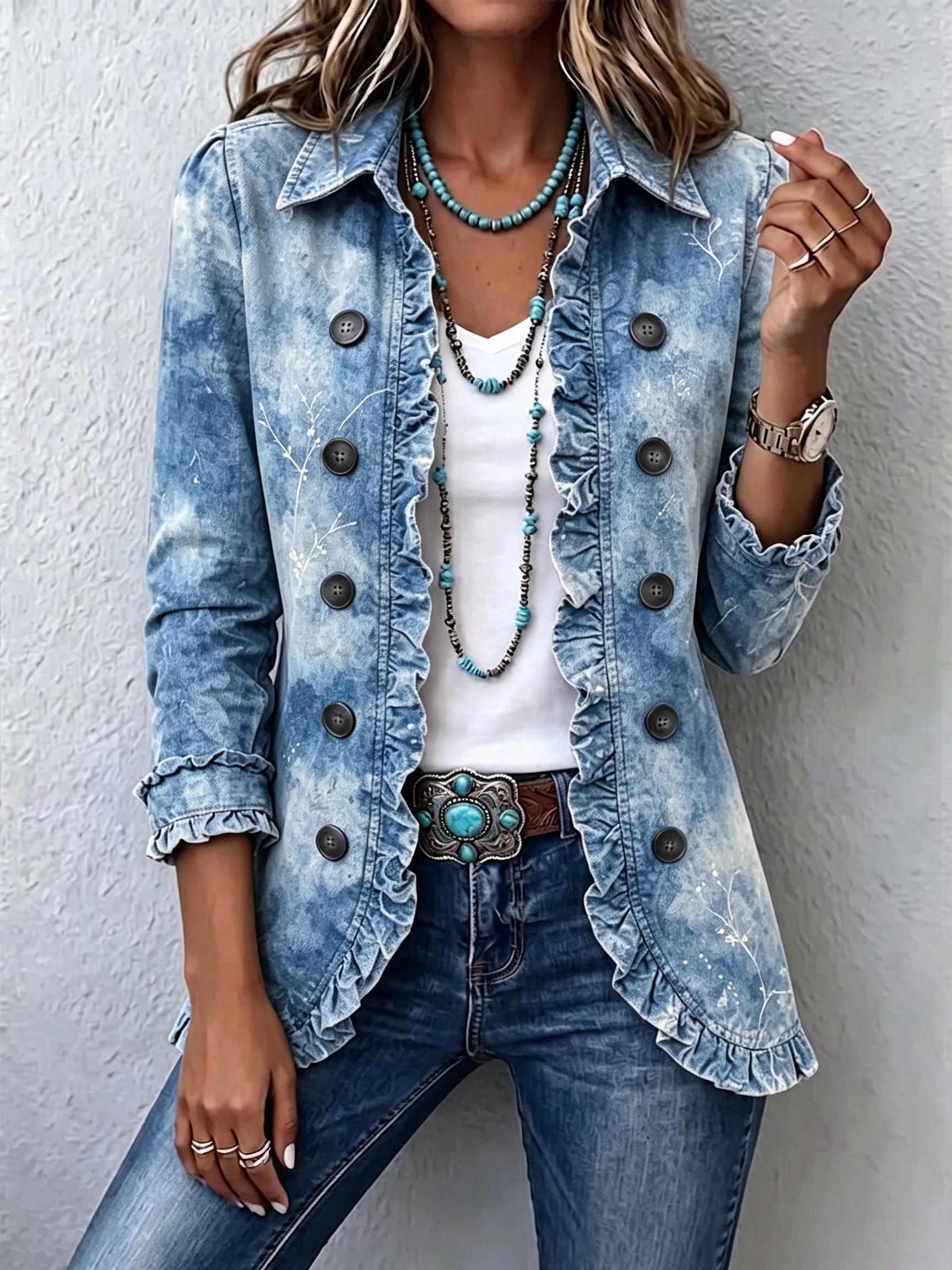 Chaqueta vintage botánica boho con volantes Sofía, vista frontal