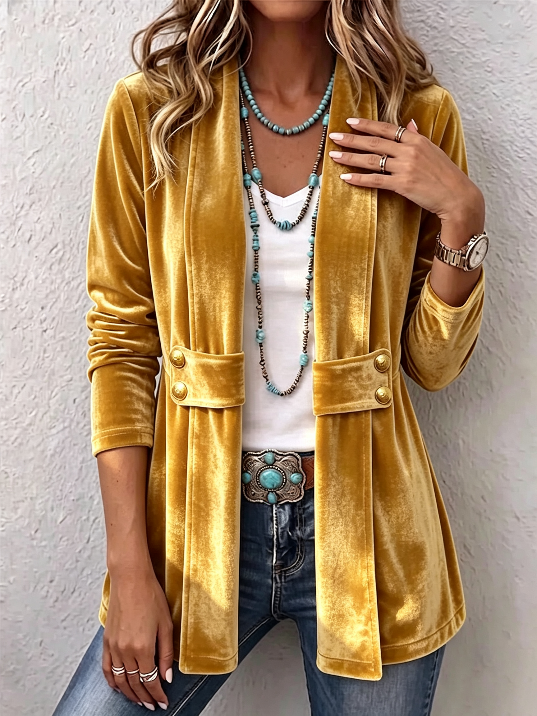 Chaqueta abierta de manga larga con botón vintage Leocadia, detalle 1