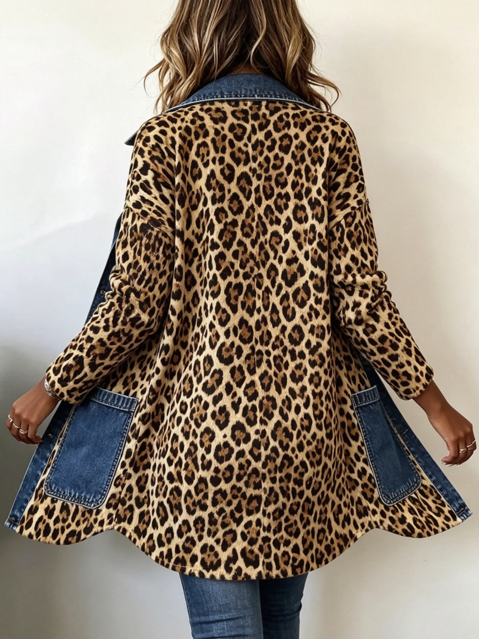 Chaqueta larga vaquera con estampado de leopardo Nora, conjunto completo