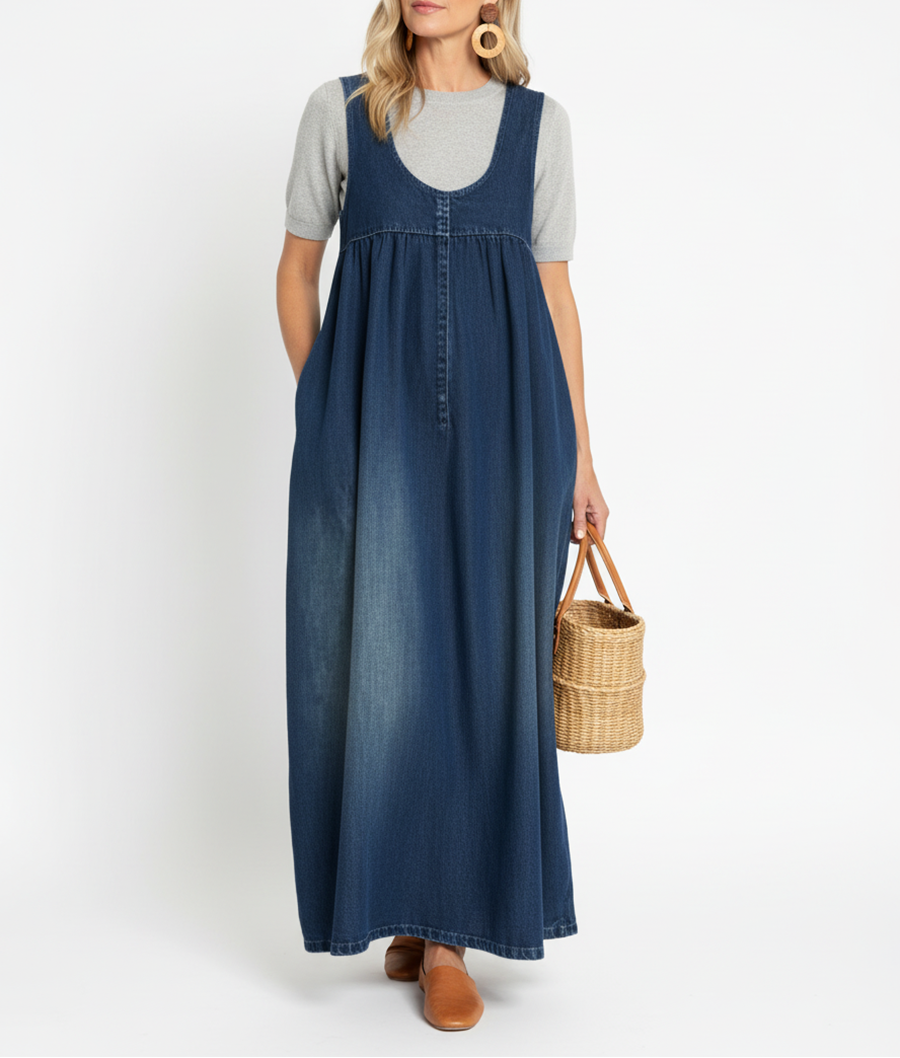 Vestido largo vaquero lavado con algodón suave Iratxe, vista frontal