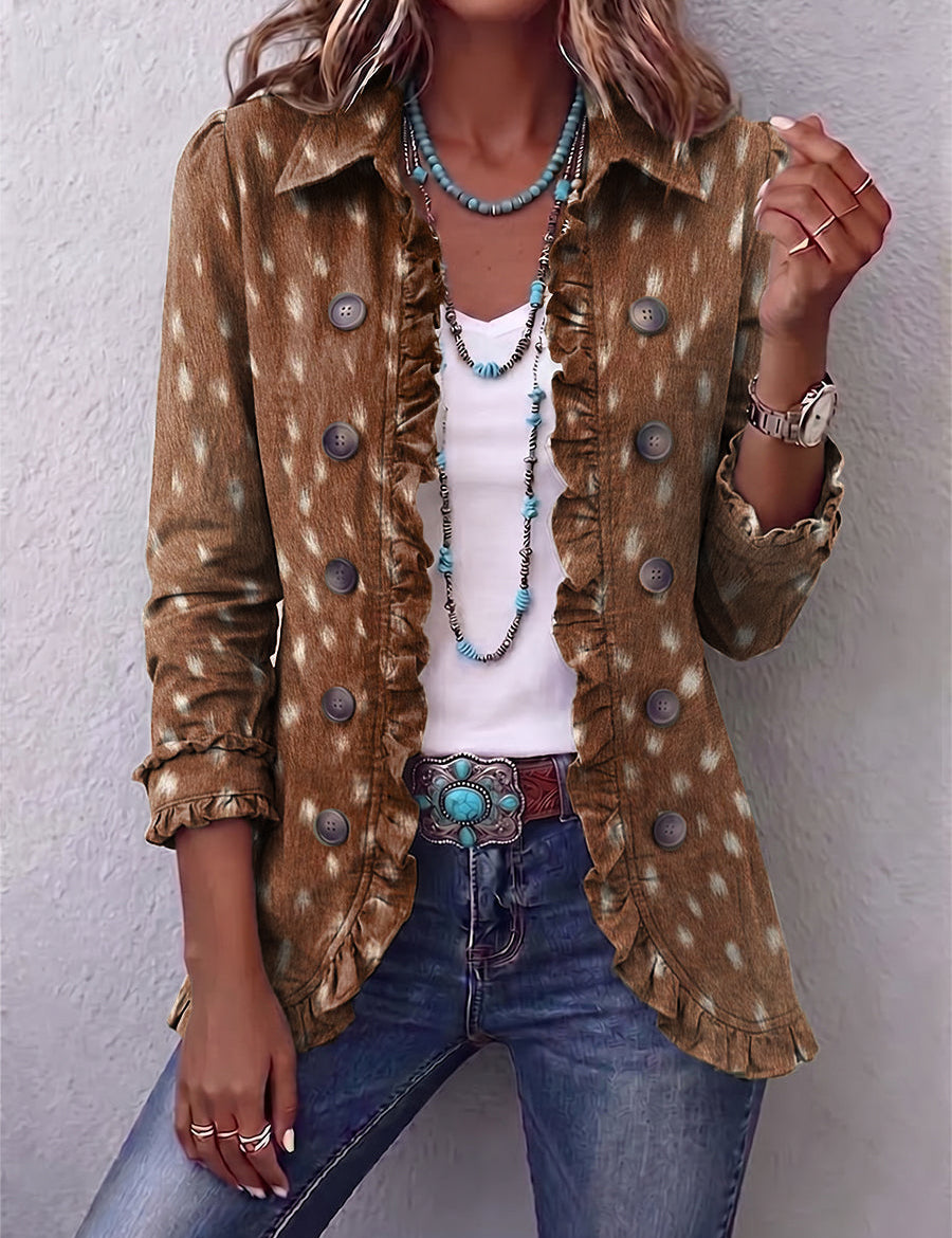 Chaqueta de volantes con estampado animal bohemio Zoe, vista frontal