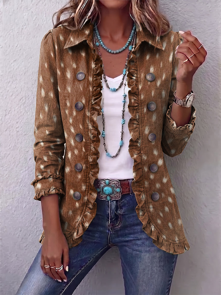 Chaqueta de volantes con estampado animal bohemio Zoe, vista frontal