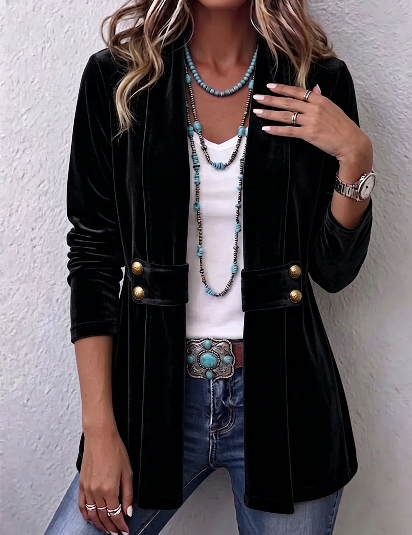 Chaqueta abierta de manga larga con botón vintage Leocadia, conjunto completo
