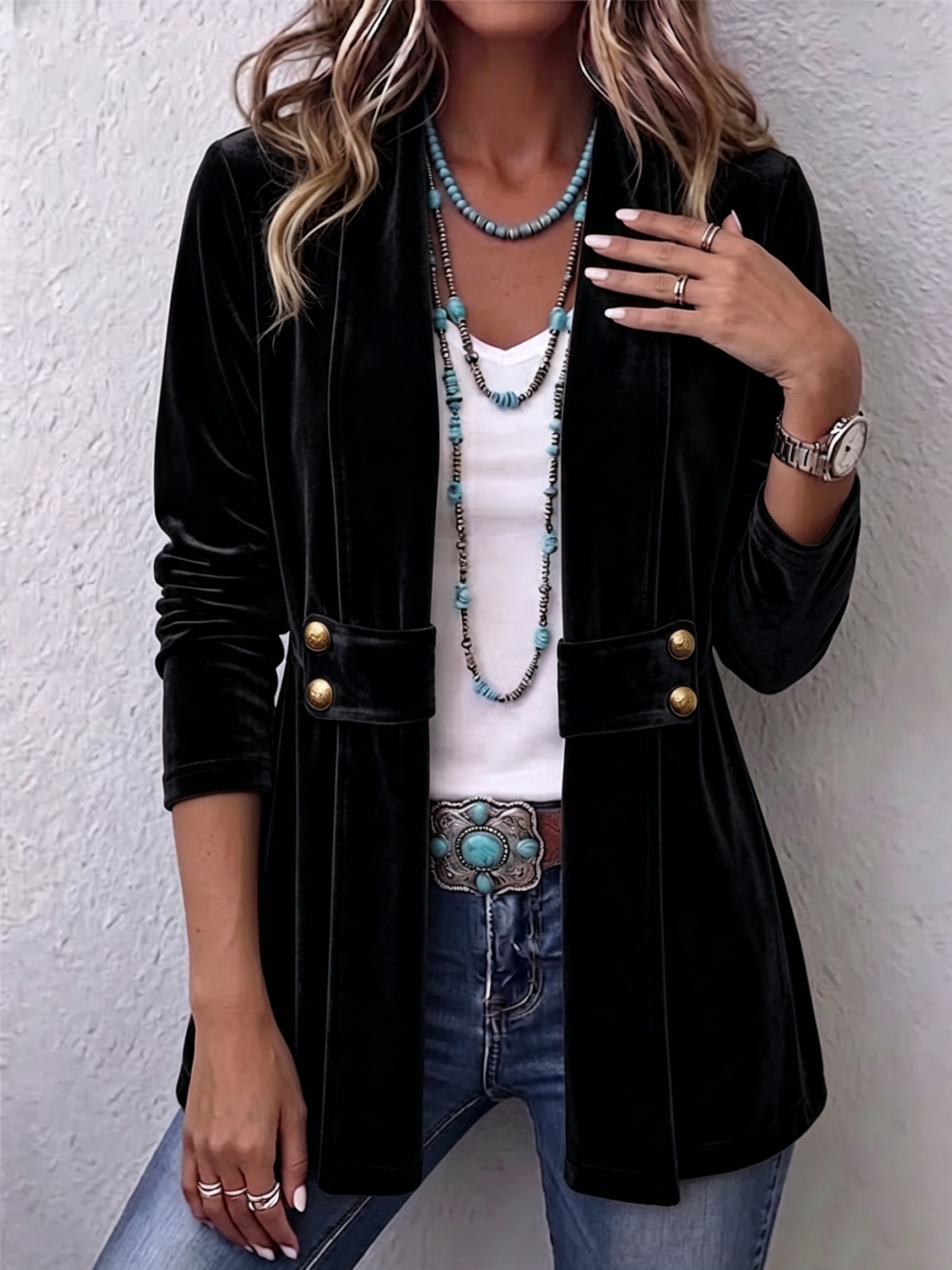 Chaqueta abierta de manga larga con botón vintage Leocadia, conjunto completo