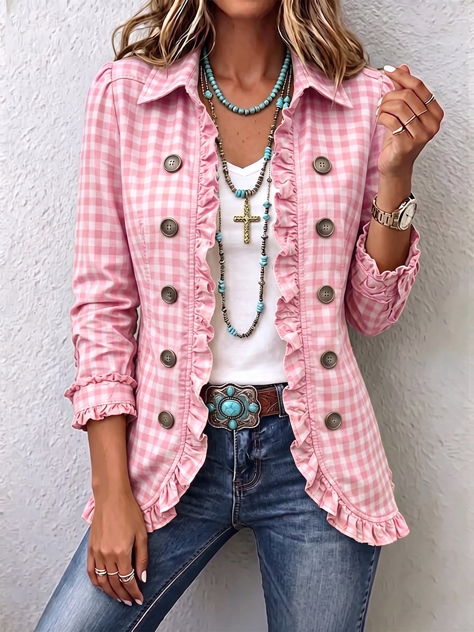 Chaqueta de botones con volantes de cuadros vichy Herminia, detalle 2