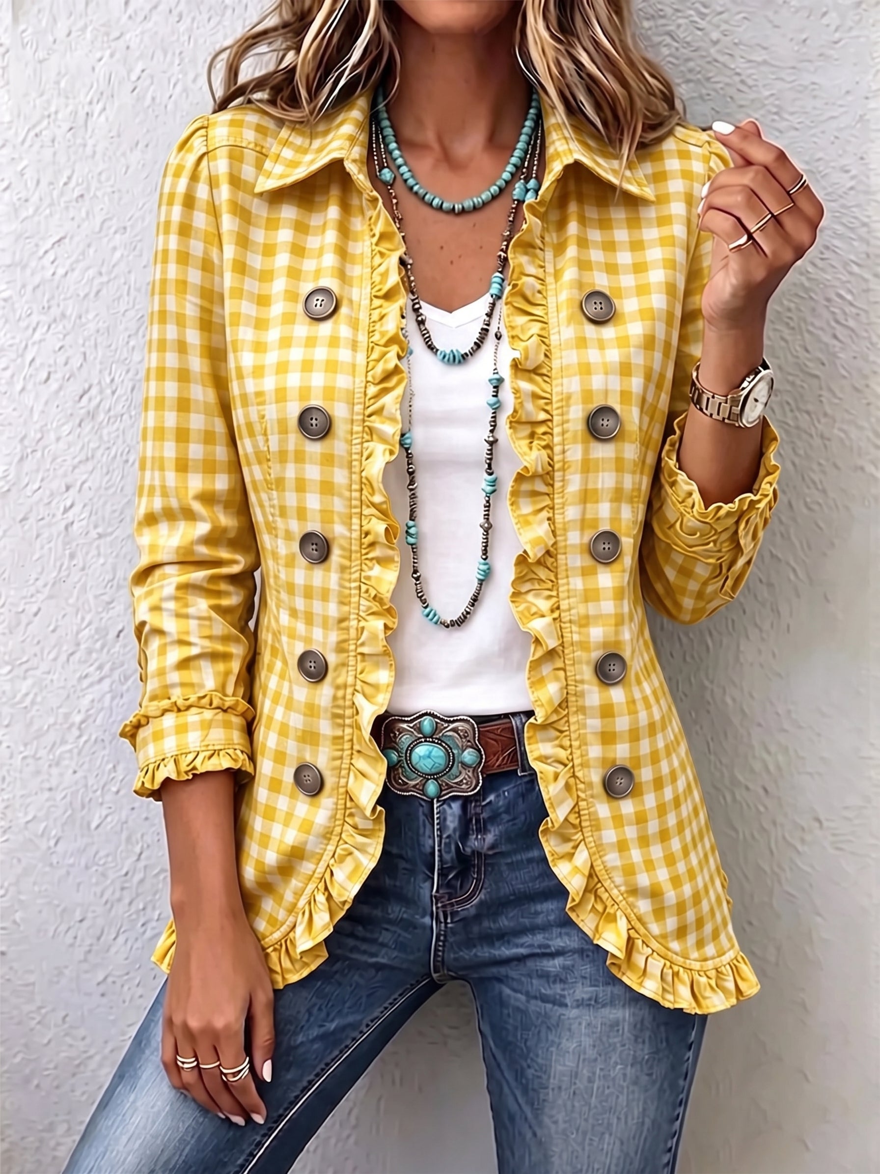 Chaqueta de botones con volantes de cuadros vichy Herminia, detalle 1