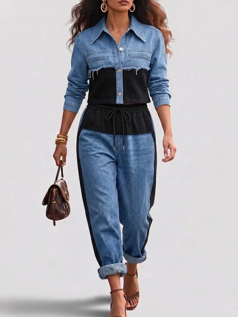 Conjunto de chaqueta bicolor y pantalón de pierna ancha Xiana, vista posterior