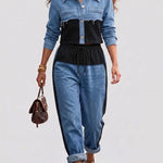 Conjunto de chaqueta bicolor y pantalón de pierna ancha Xiana, vista posterior
