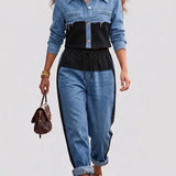 Conjunto de chaqueta bicolor y pantalón de pierna ancha Xiana, vista posterior