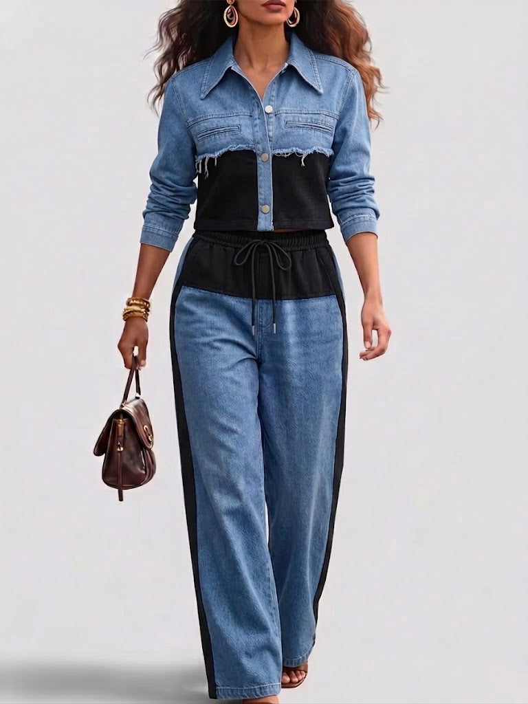 Conjunto de chaqueta bicolor y pantalón de pierna ancha Xiana, detalle del tejido