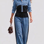 Conjunto de chaqueta bicolor y pantalón de pierna ancha Xiana, detalle del tejido