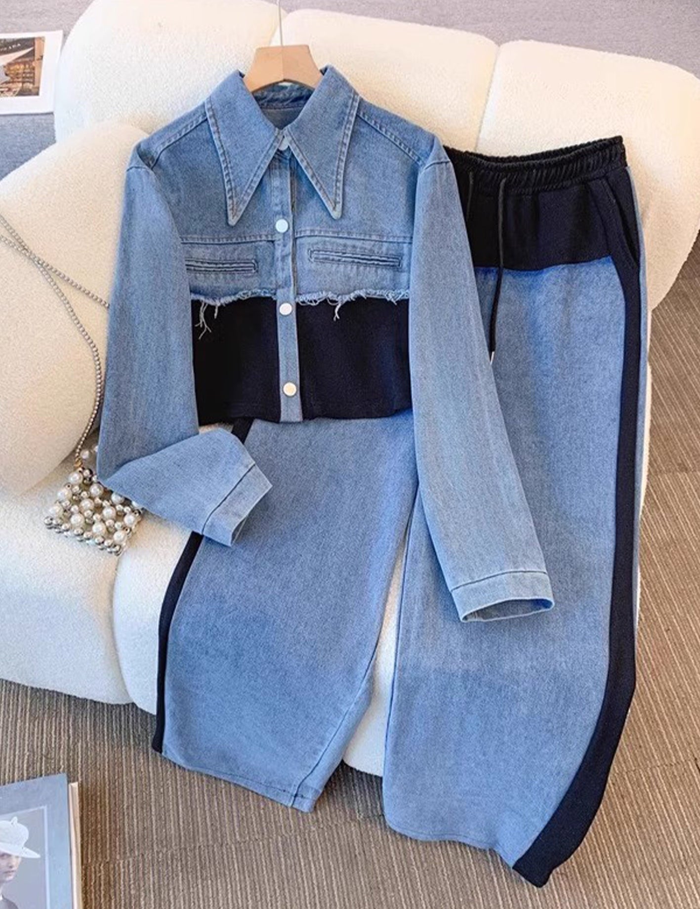 Conjunto de chaqueta bicolor y pantalón de pierna ancha Xiana, vista frontal
