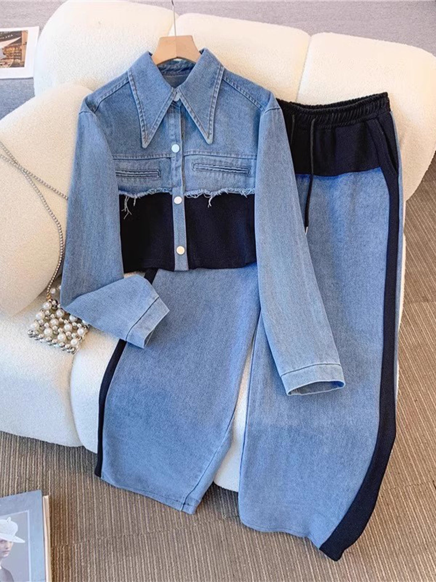 Conjunto de chaqueta bicolor y pantalón de pierna ancha Xiana, vista frontal