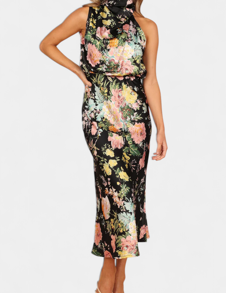 Lisa Vestido Maxi Floral con Cuello Halter y Cintura Elástica